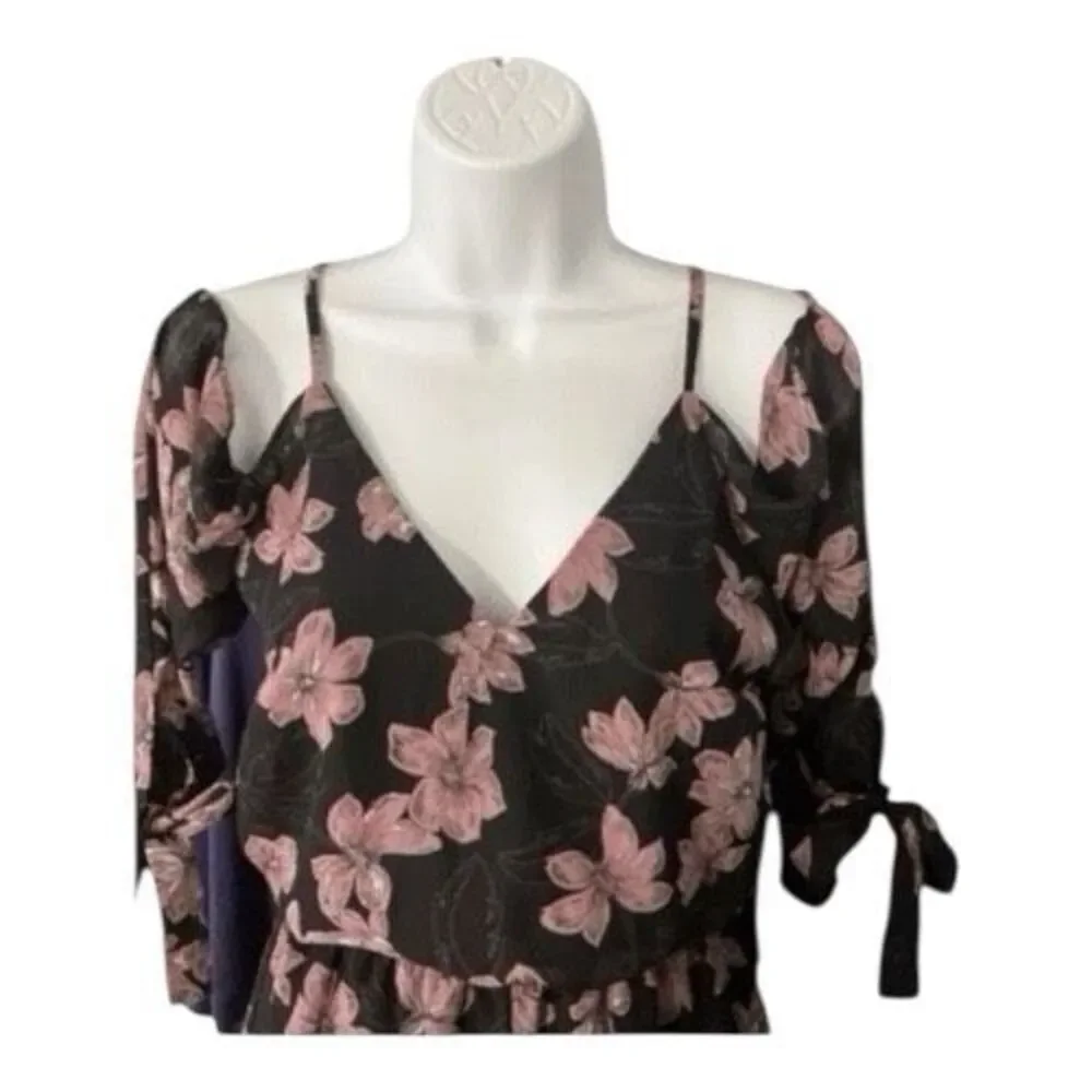 Women Black Semi Sheer Chiffon Romper Size XS Floral Print Cold-Shoulder V-Neck